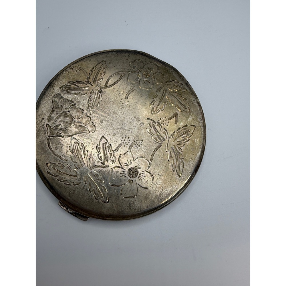 Vintage Argenta Mexico Sterling Silver Engraved Floral Powder Compact Mirror
